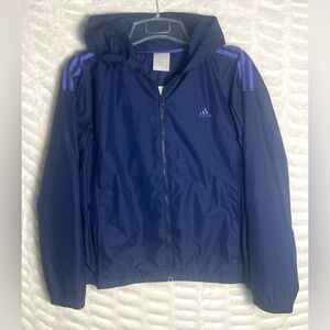 L Y2K Adidas Climaproof Full Zip Hoodie Track warmup Jacket Navy Purple 3 Stripe